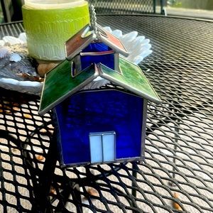 Vintage 8” Stained Glass Bird House Lantern Blue Glass Light Votive candle